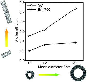 Average length of SWCNTs dispersed by using SC (open circles) and Brij 700 (filled circles) for the characterization of diameter dependences in the shortening effect of the dispersing process. The mean diameters were determined by using the reported method.31