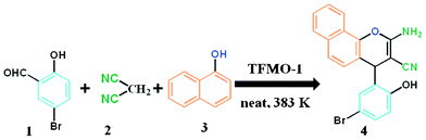 Procedure for the synthesis of 2-amino-chromene of 5-bromosalicylaldehyde over TFMO-1.