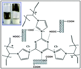 Schematic representation of a nanogel. Inset, left: polymer with CNTs, right: nanogel formed by polymer, CNTs and cross-linking agent.