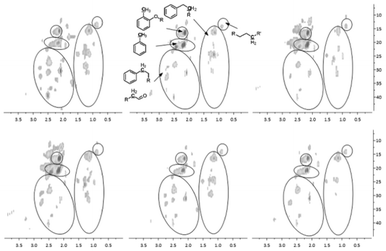 Aliphatic C–H bonds in the HSQC-NMR spectra for the pyrolysis oils produced by pyrolysis of SW kraft lignin with various zeolites, from left top to right bottom is L, Z, Y, B, F and M upgraded pyrolysis oil.