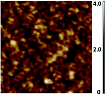 Representative semicontact AFM image of SPMA|Pd(PhCN)2Cl2 after 13 deposition steps of complex 11 on silicon substrates (Scheme 2). Step 1 is the template layer (TL). A scan area of 500 nm × 500 nm is shown with a roughness, Rrms, of 0.4 nm. UV/Vis spectra and AFM images of all the SPMAs are available in the ESI (Fig. S1 and S2).