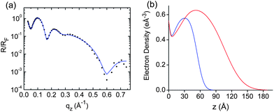 (a) Representative synchrotron X-ray reflectivity (XRR) spectrum of SPMA|Pt(PhCN)2Br2 on a silicon substrate (see Fig. S3 for the spectrum of SPMA|Pd(COD)Cl2). The blue trace is a fit of the experimental data (black dots).30 (b) Electron density plots for SPMA|Pt(PhCN)2Br2 (blue line) and SPMA|Pd(COD)Cl2 (red line) after 13 deposition steps with step 1 being the template layer (TL).