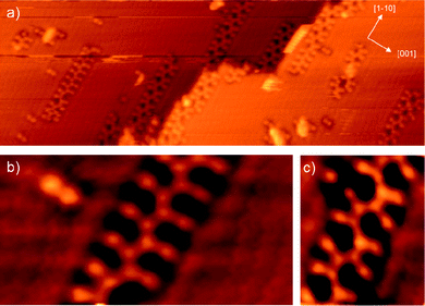 
            STM images of co-existing [11̄0] chain structures formed at 200 K. (a) (255 × 88 Å2), (b) “zig-zag” (Z) type chain with 2aCu repeat and regular branched spacing (41 × 21 Å2), (c) “pinched” (P) type chain with irregular branches and a 4aCu repeat.