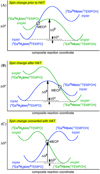 Schematic free energy surfaces for the conversion of the triplet reactant state of 44CoIIIIH22bim|2TEMPO (blue) to the singlet state for 22CoIIIIH22bim|2TEMPO (green) in the three possible cases. (A) Pre-equilibrium spin change prior to HAT; (B) HAT prior to spin change; and (C) HAT concerted with spin change because the minimum energy crossing point (MECP) is below the HAT transition structures on the two surfaces.