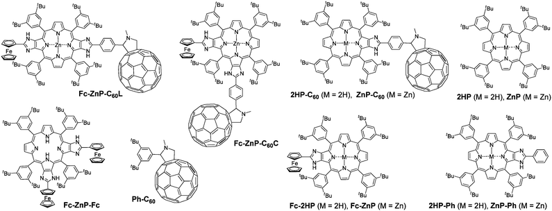 Structures of Fc-ZnP-C60L, Fc-ZnP-C60C, 2HP-C60, ZnP-C60, Fc-2HP, Fc-ZnP, 2HP, ZnP, 2HP-Ph, ZnP-Ph, Fc-ZnP-Fc, and Ph-C60