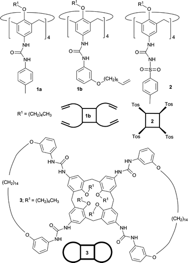 Line drawing structures of the tetra-urea calix[4]arene derivatives 1, 2, and 3 with their schematic representations.