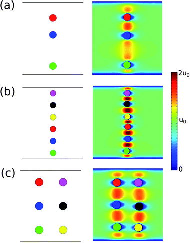 Fixed points obtained a priori via symmetry considerations, depicted in top down view. The first column shows particles in a frame moving in the center of mass when the theoretical model is integrated. In this frame, particles remain in fixed positions. Side walls are indicated by black lines. The second column shows particles in the center of mass frame for the corresponding Lattice Boltzmann simulations. Colors indicate the magnitude of the fluid velocity field. In the simulations, particles move slightly, but remain within one radius of their initial positions. Due to this motion, the fluid velocity field can be slightly asymmetric. (a) A “dimer column” for channel width W/L = 9. The LBM simulation is shown after the particles were advected downstream by xcm/L = 241 particle lengths at Re = 0.2, where xcm is the position of the center of mass in the flow direction. (b) A “column” fixed point and LBM simulation after advection by xcm/L = 833 particle lengths at Re = 0.2. (c) A “double column” fixed point and LBM simulation after advection by xcm/L = 524 particle lengths at Re = 0.2.