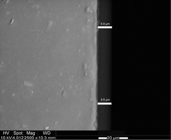 ESEM image of a hydrogel film on a glass support and determination of the layer thickness.