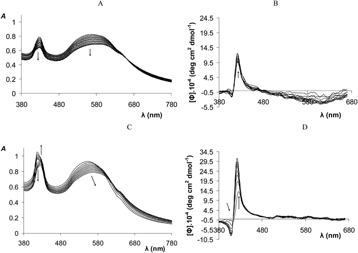 (A) Absorption and (B) ECD spectra of GNP-2 after the addition of 0–500 equiv. of Na2SO4 ([2] = 2.3 μmol L−1 for the absorption and ECD spectra). (C) Absorption and (D) ECD spectra of GNP-MPA-2 after the addition of 0–500 equiv. of Na2SO4 ([2] = 2.5 μmol L−1 for the absorption and ECD spectra).