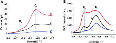 LSV (A) and IECL/E (B) curves of luminol ECL on HSN/GCE in air-saturated (a), deoxygenated (b), and oxygen-saturated solutions (c). Solution: 0.1 mol L−1 PBS (pH 9.0) containing 5.0 × 10−8 mol L−1 luminol.