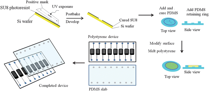 Fabrication of polystyrene devices with integrated channels. A silicon master is coated with SU-8 50 photoresist, and exposed to UV light through a positive photomask containing the serpentine features. The master is then developed and a PDMS replicate of the master is made. This PDMS mold is then sealed to a piece of glass, and a retaining ring of PDMS sealed along the outside. The PDMS is modified with 0.1 M (3-mercaptopropyl)-trimethylsiloxane, and polystyrene melted into the mold at 185 °C for 9 hours. The completed device is then removed and a PDMS cover slab with punched access holes is sealed to the polystyrene device through exposure to air plasma.