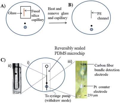 Fabrication and assembly of polystyrene microchannels integrated with embedded electrodes. (A) A 150 μm o.d. capillary is placed on a polystyrene base with embedded electrodes. A small glass plate is used to hold the capillary in place. The capillary is heated for 20 seconds with a heat gun before the glass plate is removed. (B) The capillary is further heated another 20 seconds before the capillary is removed and a polystyrene channel remains. (C) (i) Top down view of the assembled device. (ii) A PDMS flow channel is sealed at the interface of the polystyrene channel. (iii) Micrograph of the PDMS flow channel sealed over the carbon fiber bundle detection electrode and the Pt counter electrode.