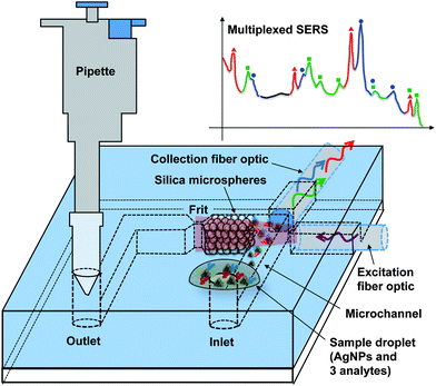 Concept of the pump-free optofluidic SERS device. Negative pressure from a pipette draws the sample into the channel. Packed silica microspheres trap and concentrate AgNPs and adsorbed analytes. Integrated fiber optic cables eliminate the need for a microscope.