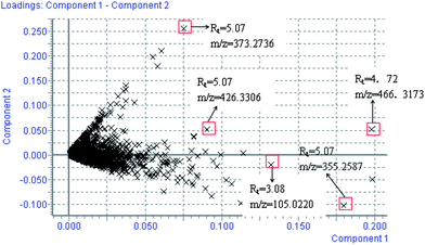 Loading plot of the metabolome in rat urine from model group. The loading plot represents the impact of the metabolites on the clustering results. PLS-DA loading plots displayed variables positively correlated with score plots. Statistically and significantly different metabolites responsible for the discrimination of the two groups were identified between the control and model group. Red data points indicate that ions most responsible for the variance in the score plot.