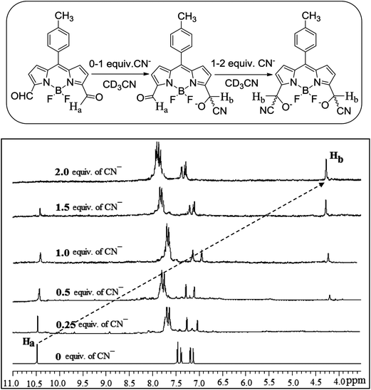 Partial 1H NMR spectra of compound 1 (2.2 × 10−2 M) in the presence of different concentrations of CN− ion in CD3CN. Concentration of CN− ion was varied from 0 to 2.0 equiv.