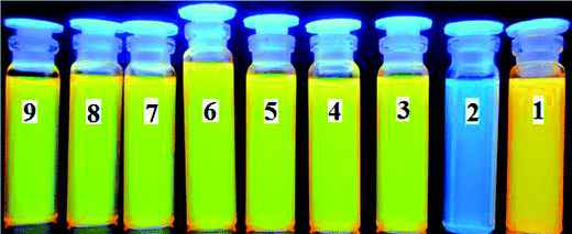 Color change induced upon addition of (excess equivalents of Bu4N+ salts) anions to receptor 1 (5 × 10−4 M in CH3CN) under UV lamp: from right to left: (1) no anion, (2) CN−, (3) F−, (4) Cl−, (5) Br−, (6) I−, (7) H2PO4−, (8) HSO4−, (9) ClO4−.