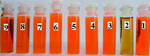 Color change induced upon addition of (excess equivalents of Bu4N+ salts) anions to receptor 1 (5 × 10−4 M in CH3CN) under daylight: from right to left: (1) no anion, (2) CN−, (3) F−, (4) Cl−, (5) Br−, (6) I−, (7) H2PO4−, (8) HSO4−, (9) ClO4−.