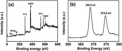 (a) XPS spectra of RGO/Ag hybrids. (b) High-resolution XPS spectra of Ag 3d from RGO/Ag hybrids.