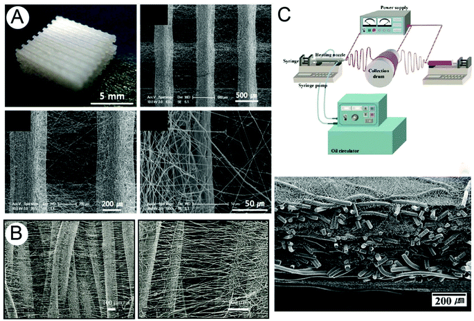 Examples of bimodal scaffolds produced by combining solution electrospinning with (A) FDM, (B) melt spinning and (C) melt electrospinning to produce both nano- and micro-fibrous elements within a single TE construct. Figure (A) is reproduced from ref. 37, (B) from ref. 43 and (C) from ref. 42, all with permission.