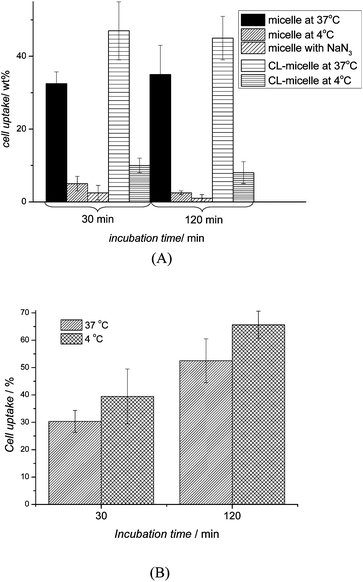 Cellular uptake percentage in OVCAR-3 cells after 30 and 120 min of (A) micelles (crosslinked (CL) and non-crosslinked) pre-treated at 37 °C, 4 °C and NaN3 and (B) Nile Red pre-treated at 37 °C and 4 °C (n = 3). The uptake of micelles and crosslinked micelles were inhibited at low temperatures and in the presence of NaN3 indicating uptake via endocytosis. In contrast, no effect was observed with Nile Red.