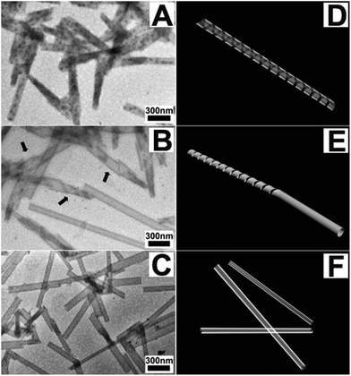 TEM images of (A) the solution of 1 (1.0 wt%) 5 minutes after the addition of 2 equiv. GSH, (B) the gel at a time of 2 hours from the solution of (A), and (C) the gel at a time of 48 hours (arrows in B indicate the entanglement of helical ribbons and images of D, E and F illustrate the formation process of the nanotubes).