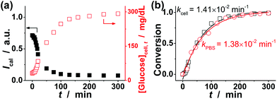 (a) Time-domain fluorescence signals of the FNG embedded in cells (■; n = 5, mean ± s.d.) and the corresponding intracellular glucose level [Glucose]cell,t (□), upon the addition of lactose and β-galactosidase to the culture medium. (b) Time-dependent conversion showing the kinetics of β-galactosidase catalytic hydrolysis of lactose, measured with the FNG embedded in cells (□) and the FNG dispersed in PBS (○), respectively. Solid lines: 1st-order kinetic fits.