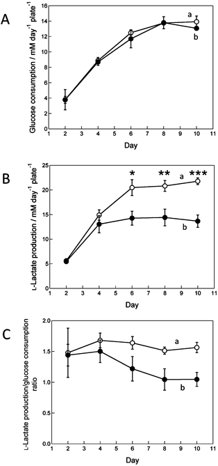 Time course changes in (A) glucose consumption per plate, (B) l-lactate production per plate and (C) the ratio of l-lactate production/glucose consumption in the (a) TCPS and (b) O2+/PNIPA–PDMS plates. The graphs A and B represent the mean ± SD of six plates from two independent experiments. Student's t-test was performed in (A) and (B); asterisks indicate P < 0.05 (*), P < 0.001 (**) or P < 0.0001 (***).