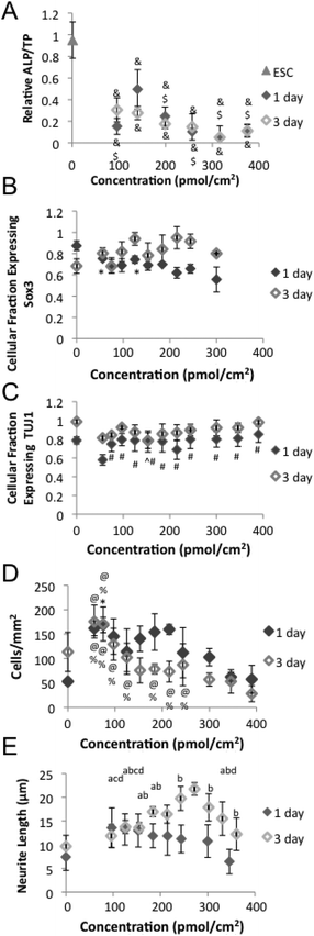 Mouse embryonic stem cell (ESC) response to neural differentiation on amine surface gradient. After 1 day of differentiation, (A) Alkaline phosphatase content and (B) Expression of early neural markers Sox3. (C) Expression of early neural markers TUJ1. (D) Cell number and (E) quantification of neurite length. & indicates p-value less than 0.01 relative to ESC. ¢ indicates a p-value less than 0.05 relative to the 0 p mol cm−2. $ indicates p-value less than 0.05 relative to 140 pmol cm−2. # indicates p-value less than 0.05 relative to 56 pmol cm−2. ^ indicates p-value less than 0.05 relative to 154 pmol cm−2. $ indicates p-value less than 0.05 relative to 300 pmol cm−2. ^ indicates p-value less than 0.05 relative to 154 pmol cm−2. % indicates p-value less than 0.05 relative to 346 pmol cm−2. @ indicates p-value less than 0.05 relative to 390 pmol cm−2. a indicates p-value less than 0.05 relative to 243 pmol cm−2. b indicates p-value less than 0.05 relative to 270 pmol cm−2. c indicates p-value less than 0.05 relative to 302 pmol cm−2. d indicates p-value less than 0.05 relative to 184 pmol cm−2.