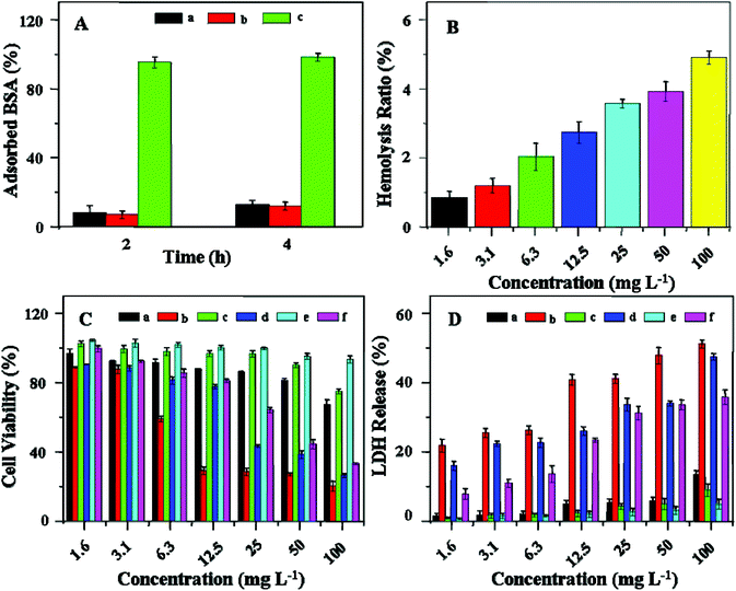 BSA adsorption on nanogel (a), mPEG5k (b) and PEI25k (c) after incubation at 37 °C for different periods of time (A). Percentage of RB cell hemolysis incubated with nanogel (B). Cell viabilities of HeLa (a and b), HepG2 (c and d) and L929 cells (e and f) incubated with nanogel (a, c and e) and PEI25k (b, d and f) for 72 h (C). PEI25k was used as a positive control. Data are presented as a mean ± standard deviation (n = 6). LDH release of HeLa (a and b), HepG2 (c and d) and L929 cells (e and f) incubated with nanogel (a, c and e) and PEI25k (b, d and f) for 72 h (D). PEI25k was used as a positive control. Data are presented as a mean ± standard deviation (n = 6).