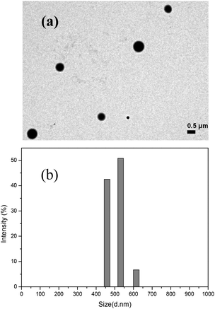 (a) TEM image of nanoparticles formed from poly(VAF-co-VSC-co-VGA). (b) Size characterization of nanoparticles formed from poly(VAF-co-VSC-co-VGA) by dynamic light scattering.