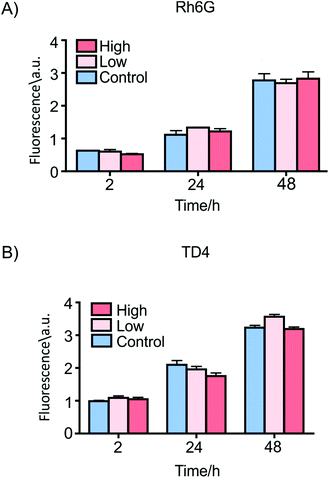 Cell viability measured at different times using an alamarBlue assay on ES2 cells incubated with 100 μg ml−1 (High) or 30 μg ml−1 (Low) of (A) Rh6G- and (B) TD4-loaded vaterite containers in culture medium. Cells cultured without particles were used as a control. The viability of cells in contact with containers shows no significant decrease with respect to the control samples at all times.