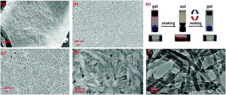 (a)–(d) SEM micrographs of dried gel 6 highlighting the fibrous, entangled morphology of the material that is composed of individual nanoparticles; (e) photographs showing the reversible sol–gel transformation of the gel material; (f) TEM image of the dried gel 6.