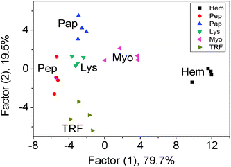 Canonical score plot for the three-channel patterns as obtained from LDA for six proteins at 1 μM.