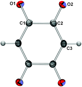 ORTEP-320 drawing of a DHQ2− in K2DHQ. The centroid of the ring coincides with a crystallographic inversion centre. The atomic numbering scheme is applied to all structures discussed, except that of Cs2DHQ. Displacement ellipsoids are drawn at the probability level of 50% and hydrogen atoms are depicted as spheres of arbitrary radii.