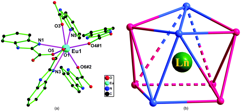 (a) Coordination environment of Eu3+ in 1, H atoms are omitted for clarity. Symmetry code: #1, 1/2 − x, −1/2 + y, 1/2 − z; #2, 3/2 − x, −1/2 + y, 1/2 − z. (b) Coordination polyhedron geometry of Ln3+ in 1–5.