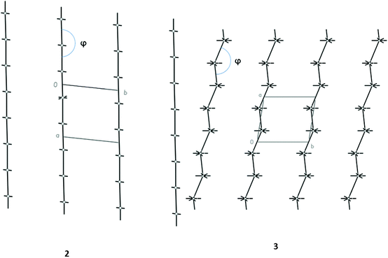 Typical packing of hedgehogs of intermolecular interactions in crystals 2 and 3 illustrating straight and slightly corrugated columns in the crystals.