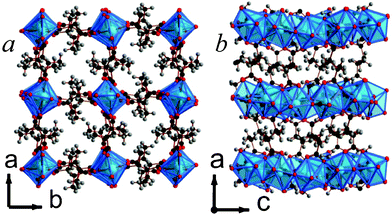 The structure of 14 illustrating a) the ab and b) the ac planes. The colours are the same as Fig. 5 and, for clarity, only half of the disordered ligands are shown.