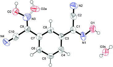 Numbering scheme for 1,3-BCO·H2O. An ORTEP drawing here and in other figures done at 50% thermal ellipsoids probability level. Bonding in the syn isomer in the oxime group is shown as a dotted line.