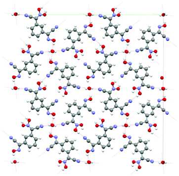 The organization of the crystal structure of 1,3-BCO·H2O: view along c-direction. The channels shown in the structure are occupied by water molecules. There is a system of H-bonds both between the cyanoxime molecules and trapped H2O in the structure. Coloring scheme here and later: red – O, blue – N, grey – C, white – H atoms.