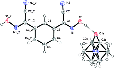 The molecular structure and numbering scheme in 1,3-BCO·DMF. The shown structure is in GROW mode with a disordered solvent molecule. Symmetry codes for #1: x, y, 1/2 − z; for #2: x, y, 3/2 − z.