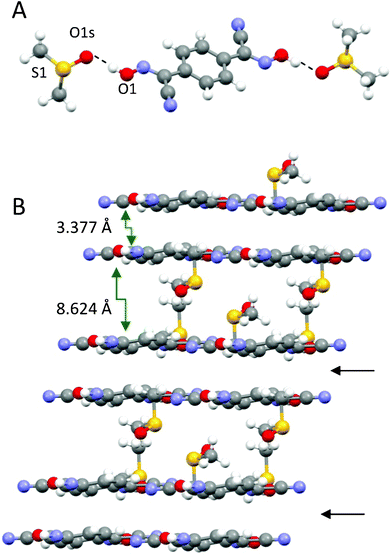 The solvent molecule that is H-bonded to the dioxime is the building block in the structure of 1,4-BCO·DMSO (A), and a prospective view of the 2D layered arrangement in the crystal showing only van der Waals forces between double H-bonded sheets (B) is indicated with black arrows.