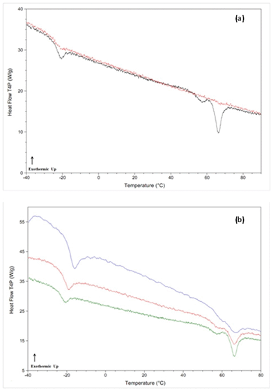 DSC thermograms for dibucaine, a class (II) compound. Panel (a): thermogram after cooling from the melt state (black = 20 °C min−1, red = 800 °C min−1) and reheated at a rate of 300 °C min−1. Panel (b): thermograms after cooling from the melt state (20 °C min−1) and reheated at various rates (green = 300 °C min−1, red = 500 °C min−1, blue = 1000 °C min−1).