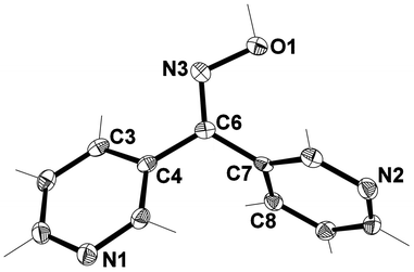 View of asymmetric unit of L33 with crystallographic numbering. Thermal ellipsoids are drawn at 50% probability level. Selected bond lengths (Å) and angles (°): C(4)–C(6) 1.476(2), C(6)–C(7) 1.490(2), C(6)–N(3) 1.293(2), N(3)–O(1) 1.3903 (17); C(6)–N(3)–O(1) 111.47(12), C(4)–C(6)–C(7) 118.79(12), C(4)–C(6)–N(3) 116.48(13), C(7)–C(6)–N(3) 124.68(14), C(5)–C(4)–C(6) 120.11(13), C(8)–C(7)–C(6) 120.09(13).