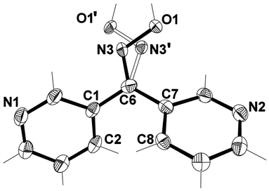 View of asymmetric unit of L33·2H2O with crystallographic numbering, and showing oxime disorder. Thermal ellipsoids are drawn at 50% probability level. Solvent molecules have been omitted for clarity. Selected bond lengths (Å) and angles (°): C(1)–C(6) 1.4833(18), C(6)–C(7) 1.4857(17), C(6)–N(3) 1.300(3), N(3)–O(1) 1.398(2), C(6)–N(3′) 1.360(6), N(3′)–O(1′) 1.388(5); C(6)–N(3)–O(1) 108.6(2), C(1)–C(6)–C(7) 118.61(10), C(1)–C(6)–N(3) 108.85(14), C(7)–C(6)–N(3) 132.54(15), C(2)–C(1)–C(6) 121.91(11), C(8)–C(7)–C(6) 120.32(10), C(6)–N(3′)–O(1′) 105.5(5), C(1)–C(6)–N(3′) 139.9(3), C(7)–C(6)–N(3′) 101.2(3).