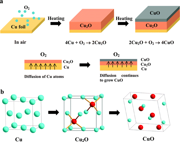 (a) Growth mechanism for copper oxides. (b) Comparison of the fcc structure of Cu, the cubic structure of Cu2O and the monoclinic structure of CuO. Oxygen atoms have to reside in the tetrahedral sites of fcc Cu to form the Cu2O structure.