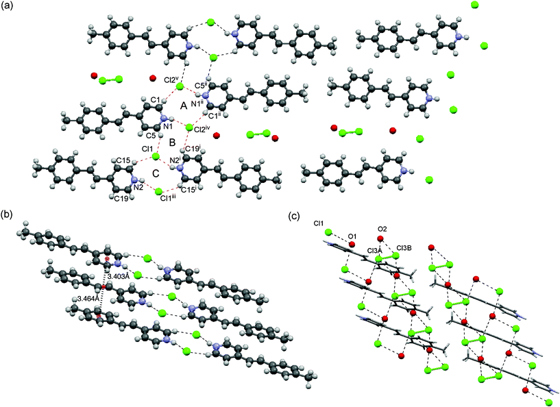 Crystal structure of 1c. (a) Top view of the packing structure. The 2D sheet motif contains dual-synthons A–C. (b) Side view of the column with a head-to-tail arrangement. (c) Side view of the channel showing the incorporated chloride anion, HCl and water molecules.