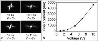(a) Beam spot images from the BEL from a short-circuit device subjected to a sinusoidal potential ranging from V = +3 V to −3 V (Movie S1, ESI). The time when the potential is first applied after the start of the experiment is t = 4 s. (b) Plot of initial displacement of device from the focused position, measured using AFM, vs. maximum applied voltage.