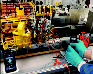 Snapshot of the outgoing voice call made by the MFC powered Samsung E2121 (right) to the receiving HTC mobile handset (left); the digital multi-metre on the far right shows the battery voltage.