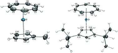 ORTEP diagrams of 24 (left) and 27 (right).