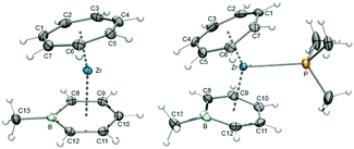 ORTEP diagrams of 51 (left) and its PMe3 adduct 53 (right).